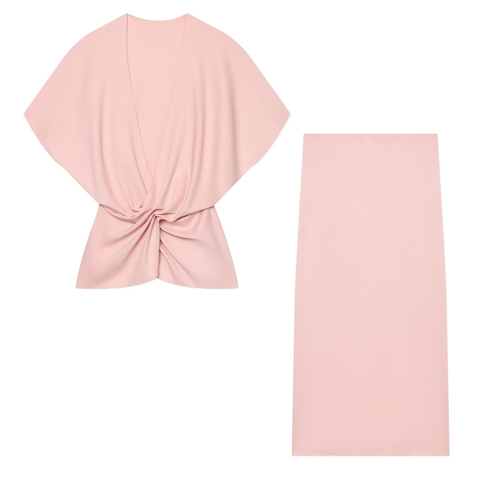 Formal Women'S Wear - ชุดเซ็ตสองชิ้นสีชมพูสำหรับผู้หญิงปี 2026 เสื้อคอวีลึกแขนทรงปีกค้างคาว ดีไซน์บิดเกลียวด้านหน้า พร้อมกระโปรงยาวระดับกลาง ชุดเข้าชุดสำหรับงานปาร์ตี้หรืองานทางการ