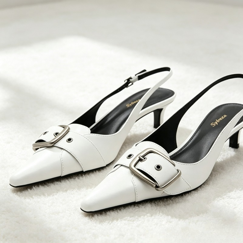 Slingback Heel Formal - รองเท้าส้นสูงแบบเปิดส้น ดีไซน์หัวแหลม สายคาดแบบหัวเข็มขัด แฟชั่นหรูหรา สวมใส่สบาย เหมาะสำหรับงานออฟฟิศและโอกาสทางการ