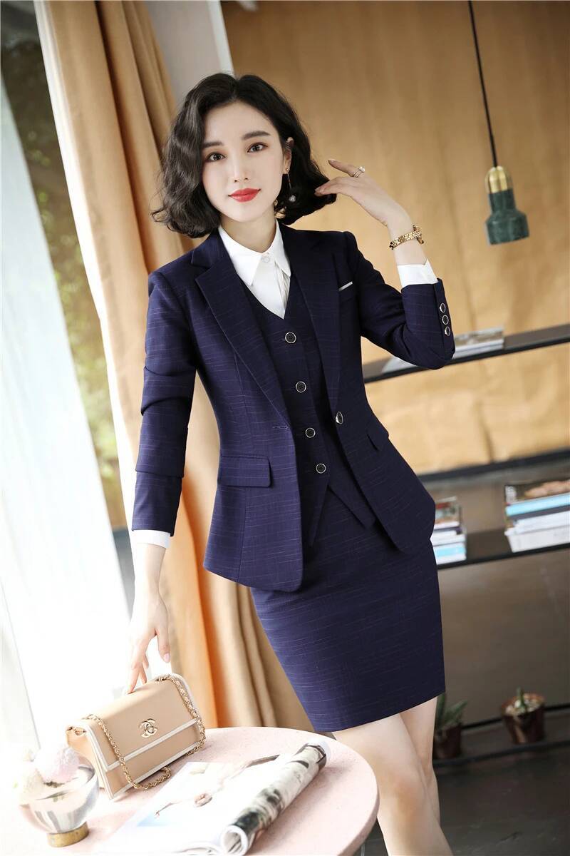Women'S Formal Wear Pantsuits - ชุดสูทผู้หญิงสำหรับธุรกิจ ผ้าคุณภาพสูง พร้อมกระโปรง เสื้อท่อนบน เสื้อกั๊ก และเสื้อคลุม