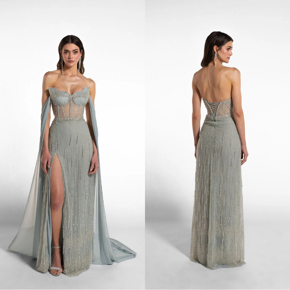 Formal Gala Wear Women - ชุดราตรีทรงตรงสุดเซ็กซี่ ประดับลูกปัดและพู่ ผ่าสูง แบบเกาะอก พร้อมเคปถอดได้ ชุดออกงานกลางคืนสำหรับผู้หญิง