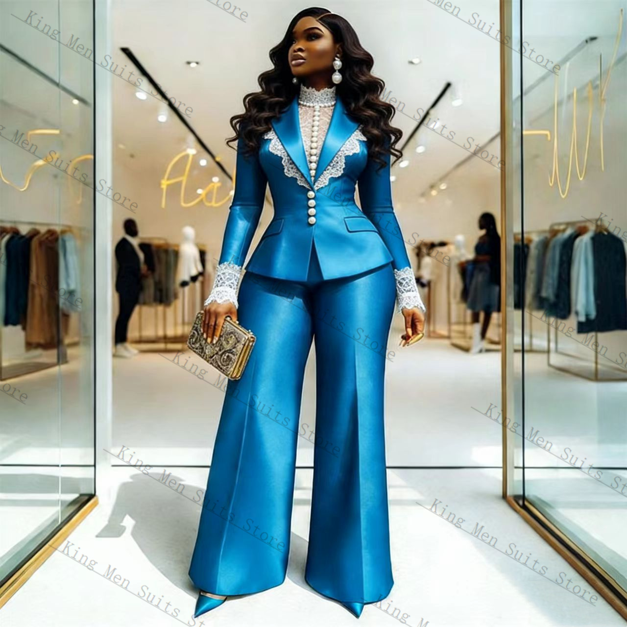 Women Formal Wear Coat - ชุดสูทผู้หญิงผ้าซาตินสีฟ้า 2 ชิ้น เสื้อเบลเซอร์+กางเกง ฤดูใบไม้ผลิ ฤดูใบไม้ร่วง