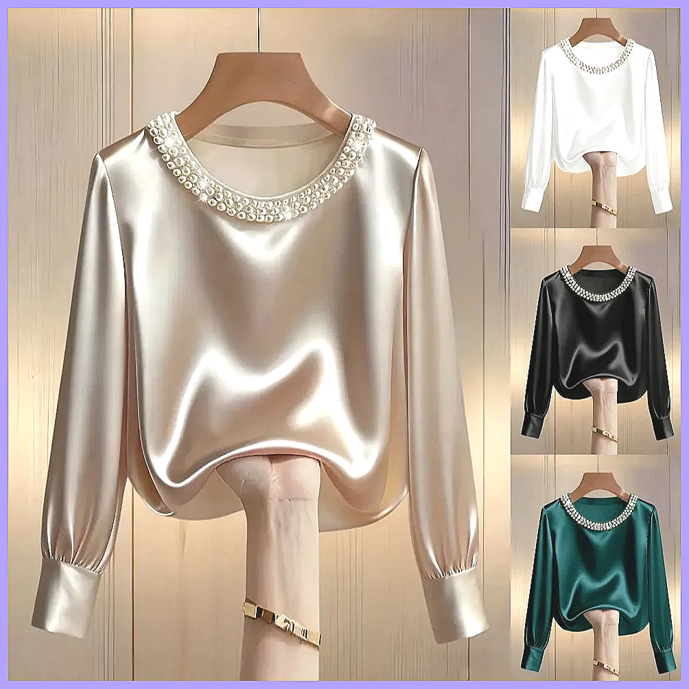 Silk Blouse Button - เสื้อซาตินประดับลูกปัดสุดหรูสำหรับผู้หญิง เสื้อเชิ้ตผ้าไหมแขนยาวทรงหลวม