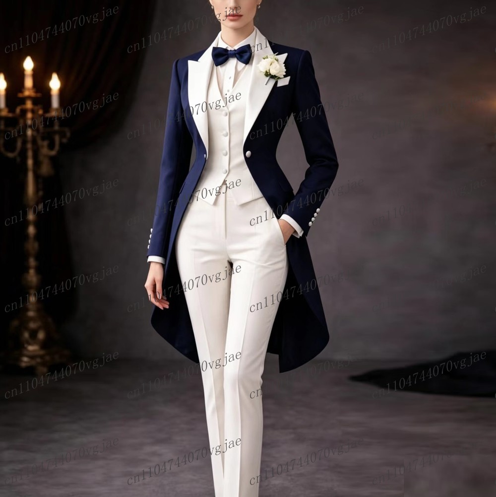 Formal Women'S Wear - ชุดสูทผู้หญิงสีน้ำเงินกรมท่าและสีขาวแบบยาว สำหรับงานพิธีการ งานแต่งงาน งานพรอม ชุดทักซิโด้สำหรับคุณแม่และเด็กผู้หญิง ชุด