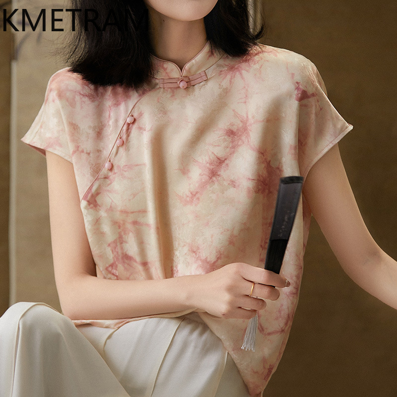 Silk Blouse Button - KMETRAM ผ้าไหมหม่อน 100% เสื้อผู้หญิงสไตล์จีนฤดูร้อนสําหรับเสื้อผ้าผู้หญิงคุณภาพสูงสีชมพูผู้หญิงเสื้อ 2025