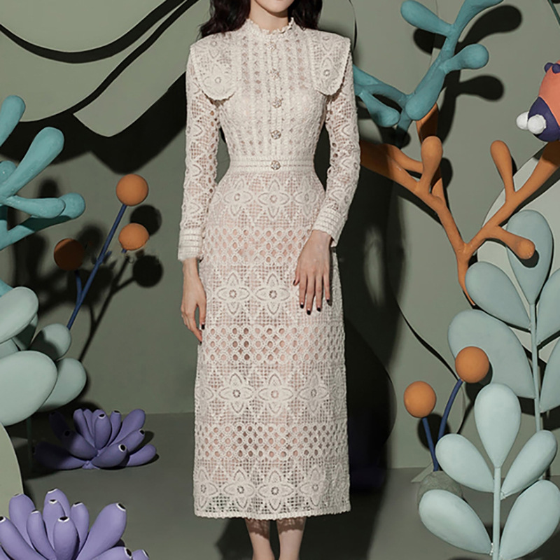 Formal Gala Wear Women - ชุดราตรีลูกไม้ปูเถา แขนยาว ปกเสื้อแบบปกเชิ้ต ทรงเข้ารูป ชุดออกงานสำหรับผู้หญิง งานกาล่า