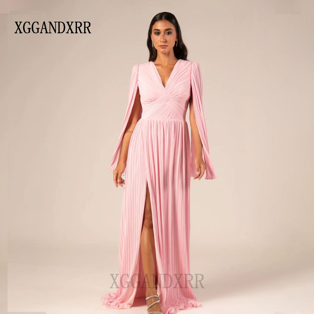 Formal Gala Wear Women - ชุดราตรีสีชมพูแบบสั่งตัดทรงเอไลน์ ปี 2026 คอวีลึก ผ่าข้าง ยาว