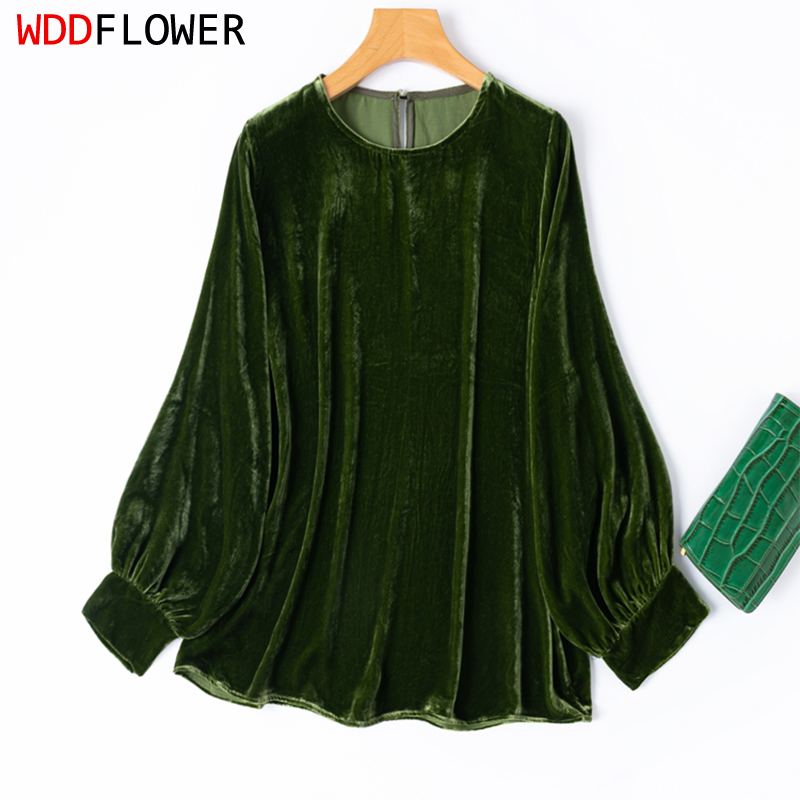 Silk Blouse Button - เสื้อผู้หญิงผ้าไหมกำมะหยี่ ซับในผ้าไหมหม่อนแท้ 100% สีเขียวเข้ม แขนยาว ทรงหลวม