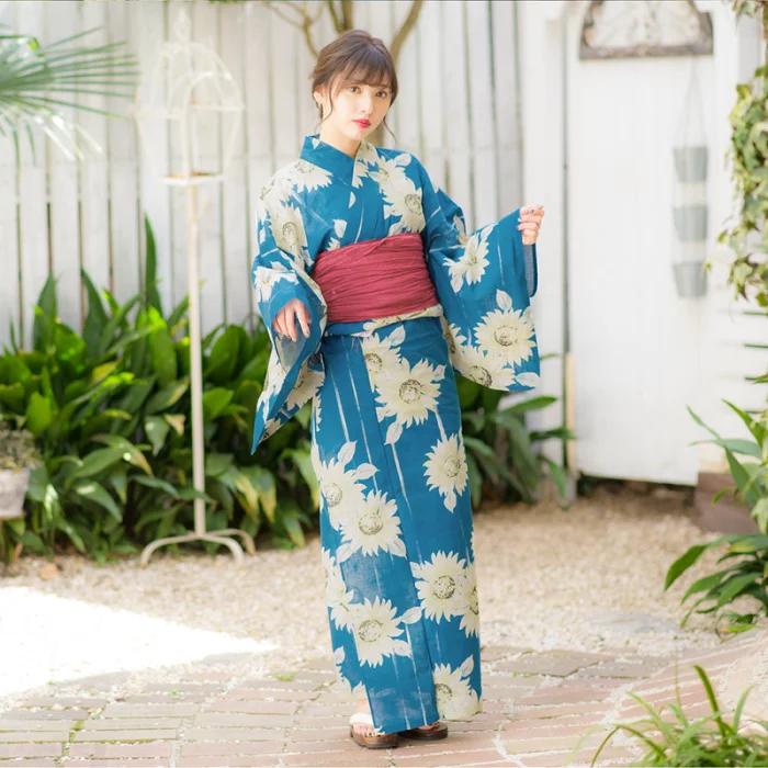 Women'S Formal Traditional Wear - ชุดกิโมโนญี่ปุ่นยูกาตะสำหรับผู้หญิง ผ้าฝ้าย สไตล์ชุดทางการแบบดั้งเดิม ลายดอกทานตะวันสีน้ำเงิน