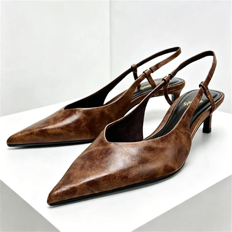 Slingback Heel Formal - รองเท้าส้นสูงแบบมีสายรัดส้น ดีไซน์เนอร์ สไตล์เรโทร สีน้ำตาล สำหรับผู้หญิง ปลายแหลม