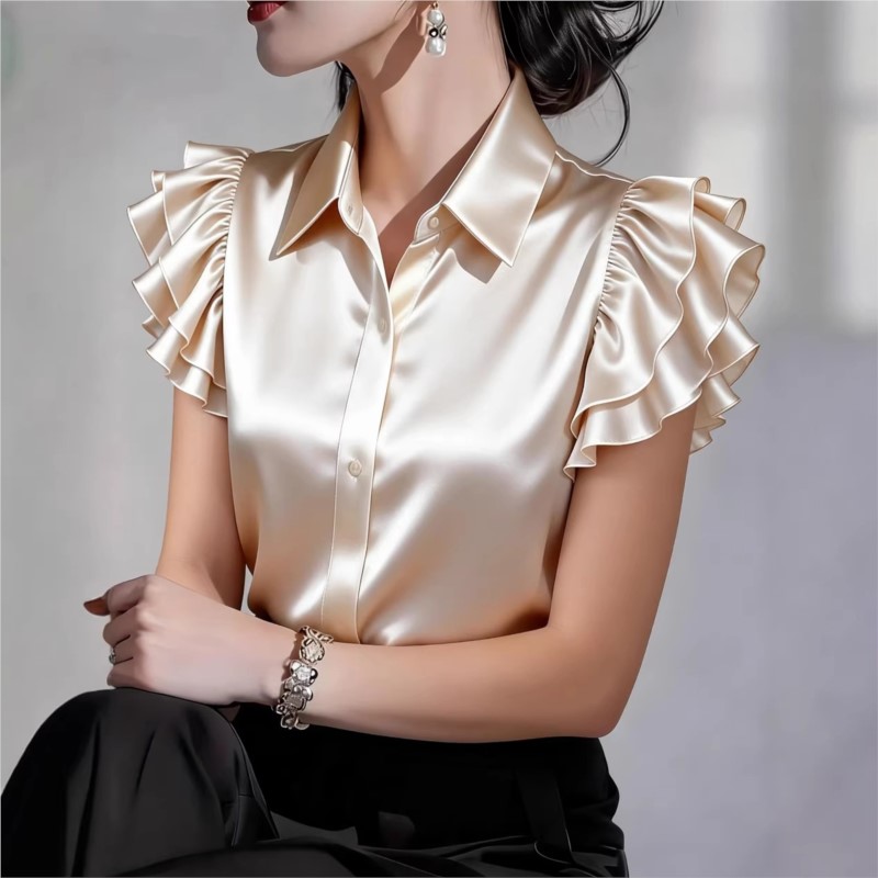 เสื้อเชิ้ตแขนสั้นระบายแบบสบายๆ - Silk Blouse Button บทวิจารณ์และราคา