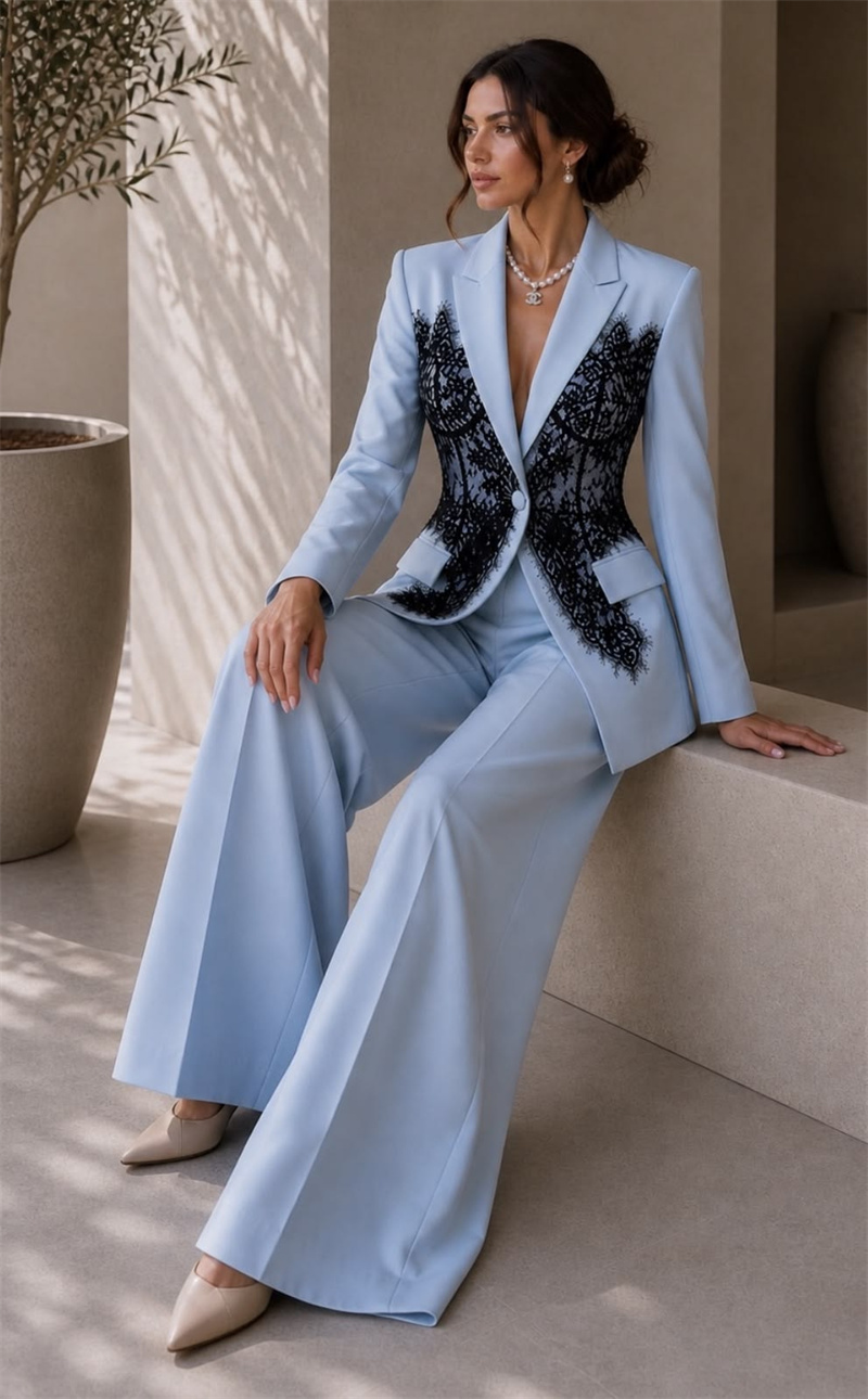 แฟชั่นชุดสูทผู้หญิงสีฟ้าชุด 2  - Women Formal Wear Coat บทวิจารณ์และราคา