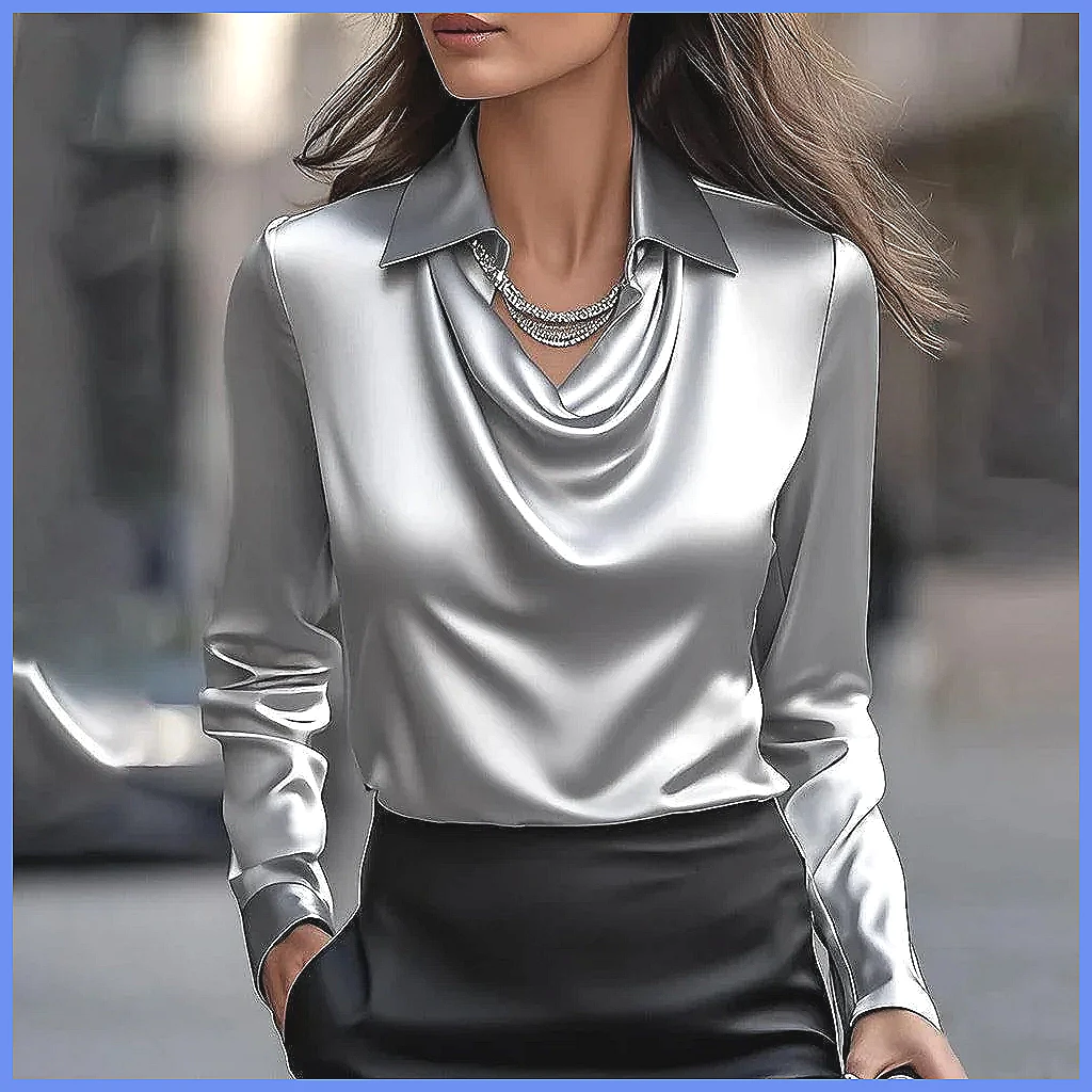 เสื้อซาตินวินเทจผู้หญิง แขนยาว - Silk Blouse Button บทวิจารณ์และราคา
